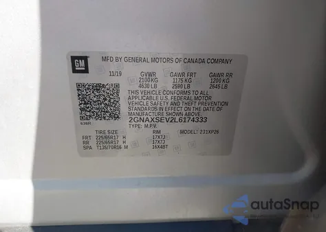 2020 Chevrolet Equinox Awd Ls из США, поврежденный, VIN 2GNAXSEV2L6174333